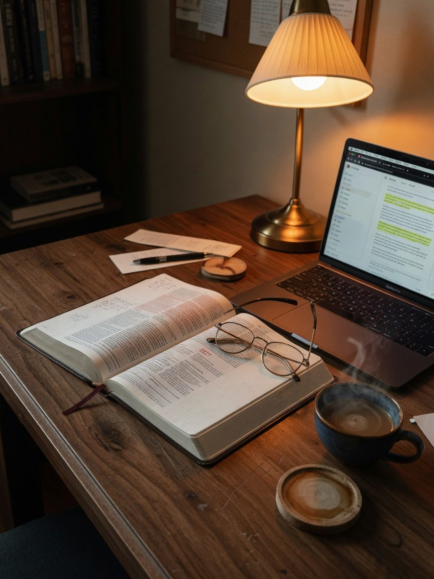 A small group gathered around Bibles and a tablet in study