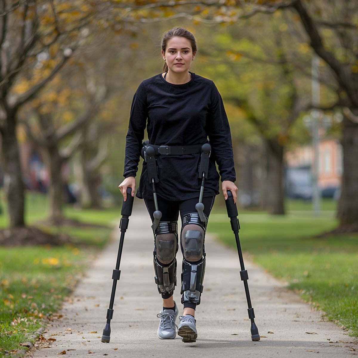 Powered exoskeleton legs assisting a person walking