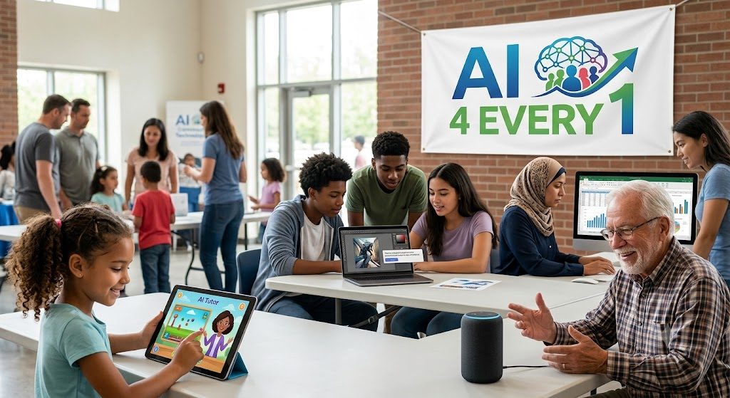 People of all ages learning AI together in a relaxed class