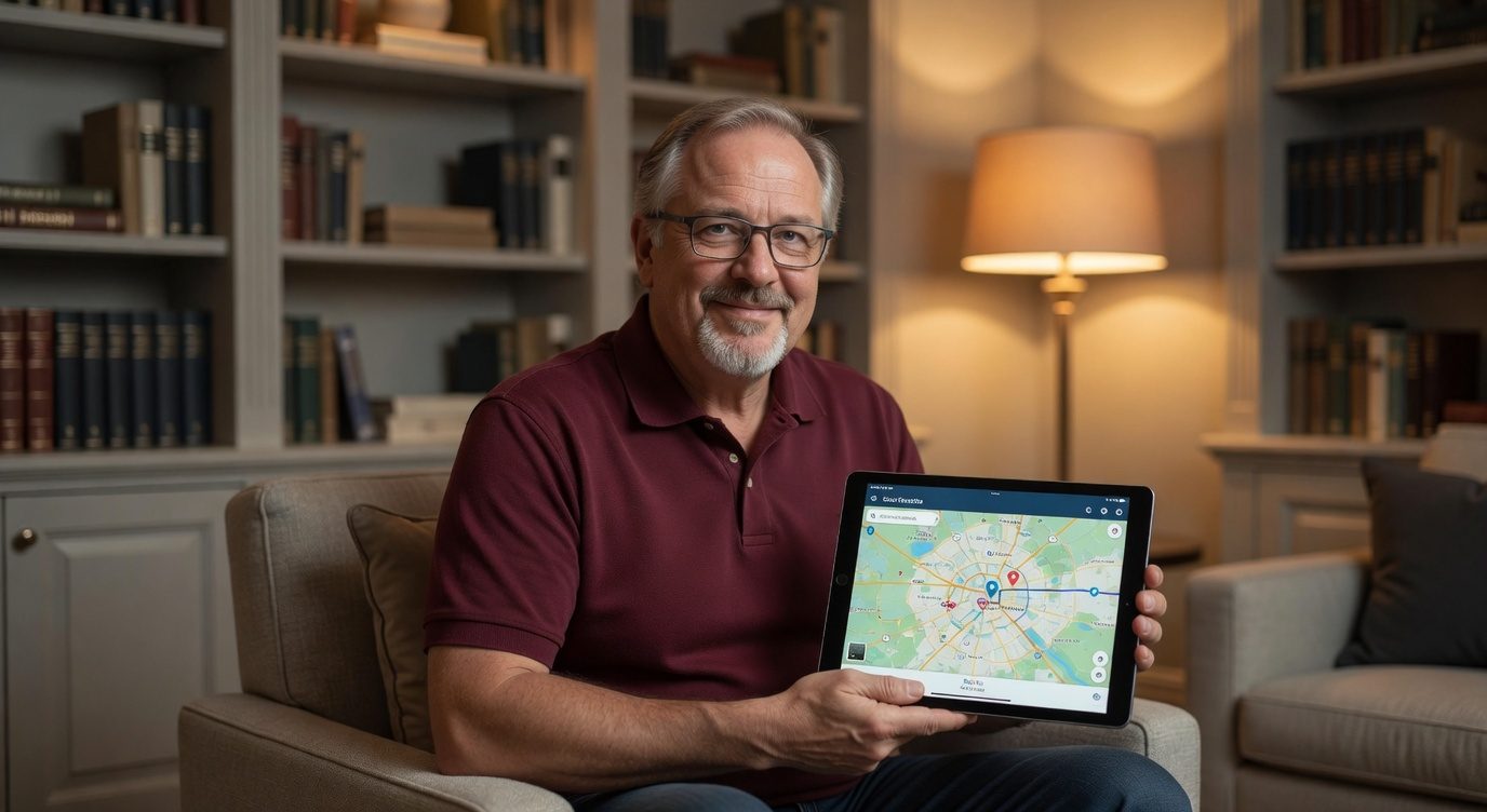A smiling older man relaxing with his tablet - tech help from a real peer